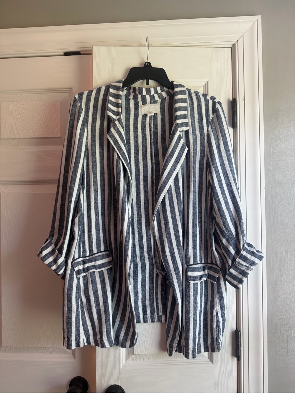 Caslon Navy and White Striped Open Blazer